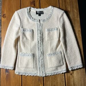 St. John Cream Bouclé Tweed Open-Front Blazer with Silver Trim